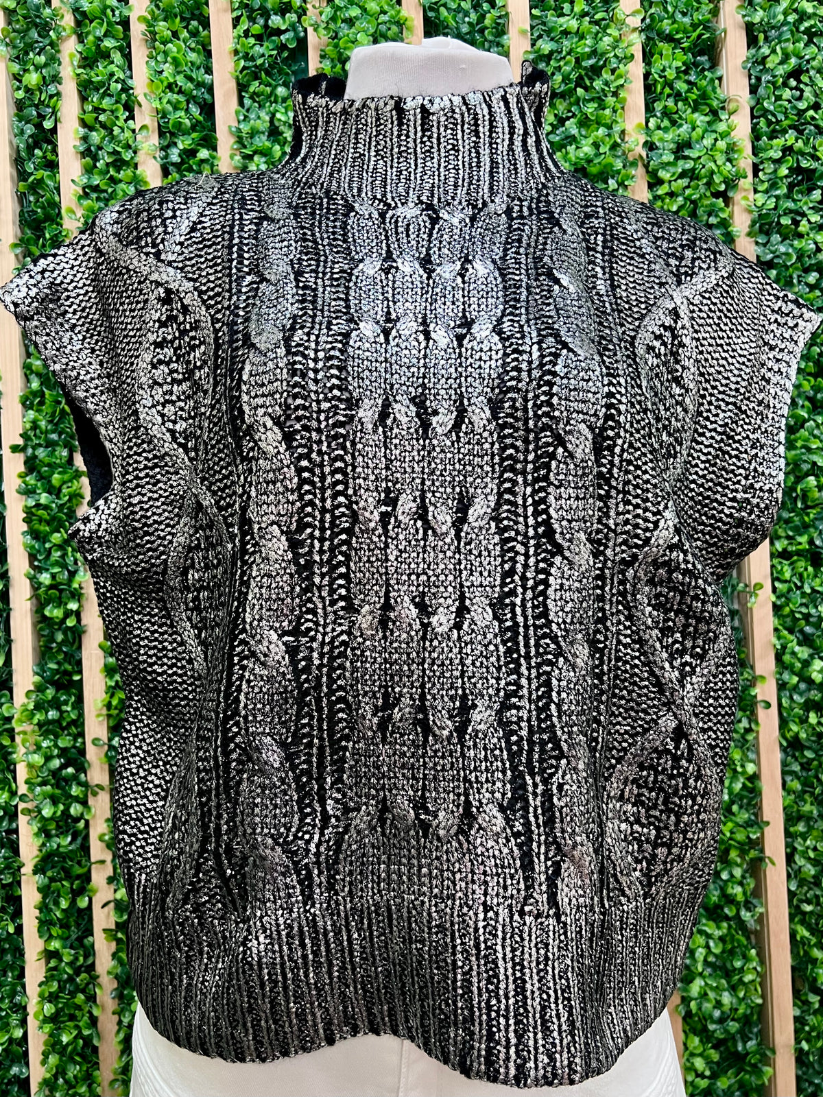 Metallic Black Cable Knit Mock Neck Sweater Vest