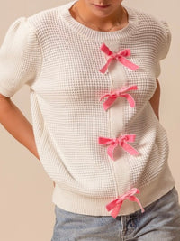 White Pink Bow Detail Short Sleeve Knit Top
