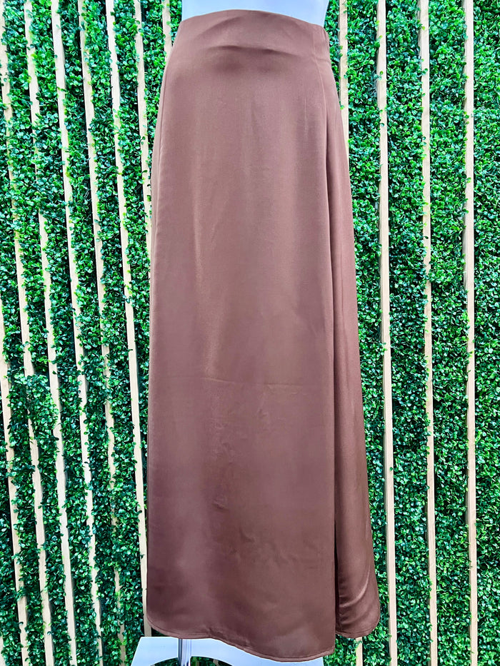 Brown Satin Belted Maxi Skirt