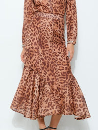 Camel Leopard Fitted Mermaid Midi Skirt