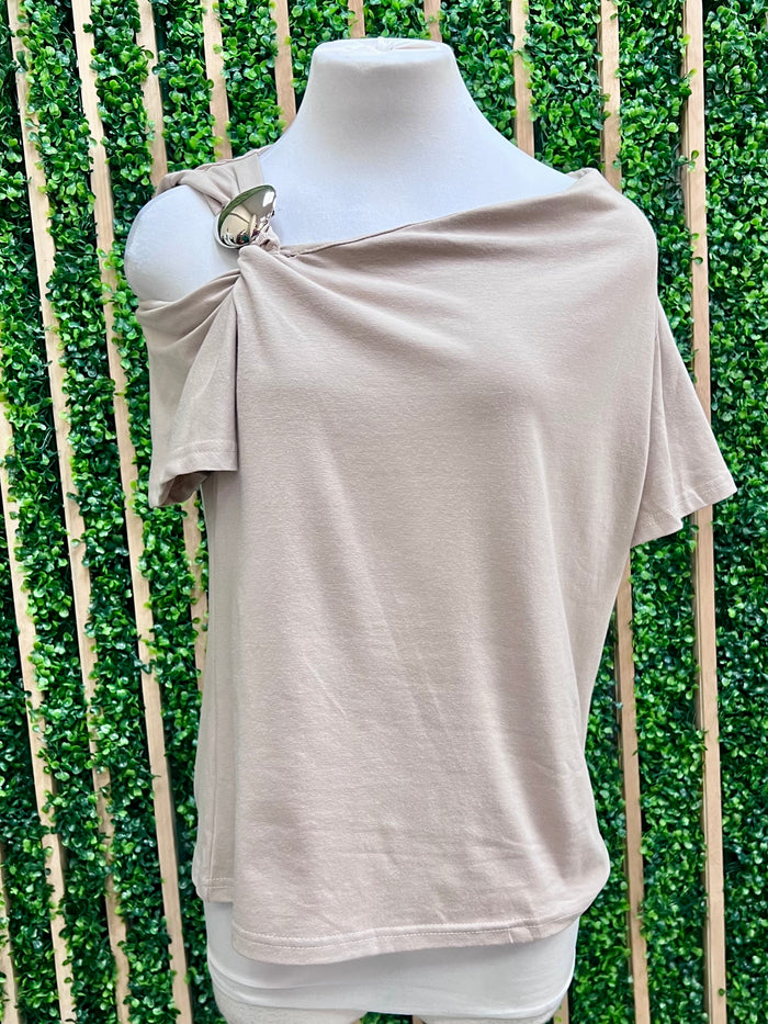 Silver Button Detail Cutout Shoulder Shirt