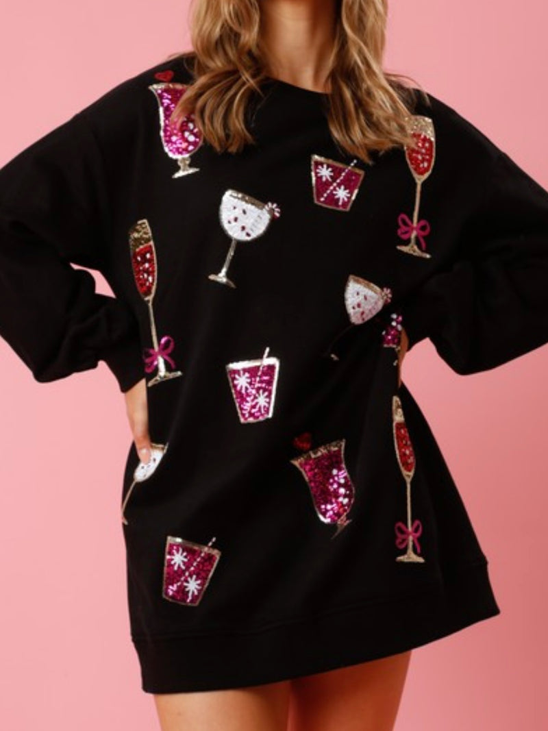 Black Sequin Drinks Patch Sweater Dress