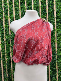 Terracotta Red Gold floral Detail one Shoulder Bubble top