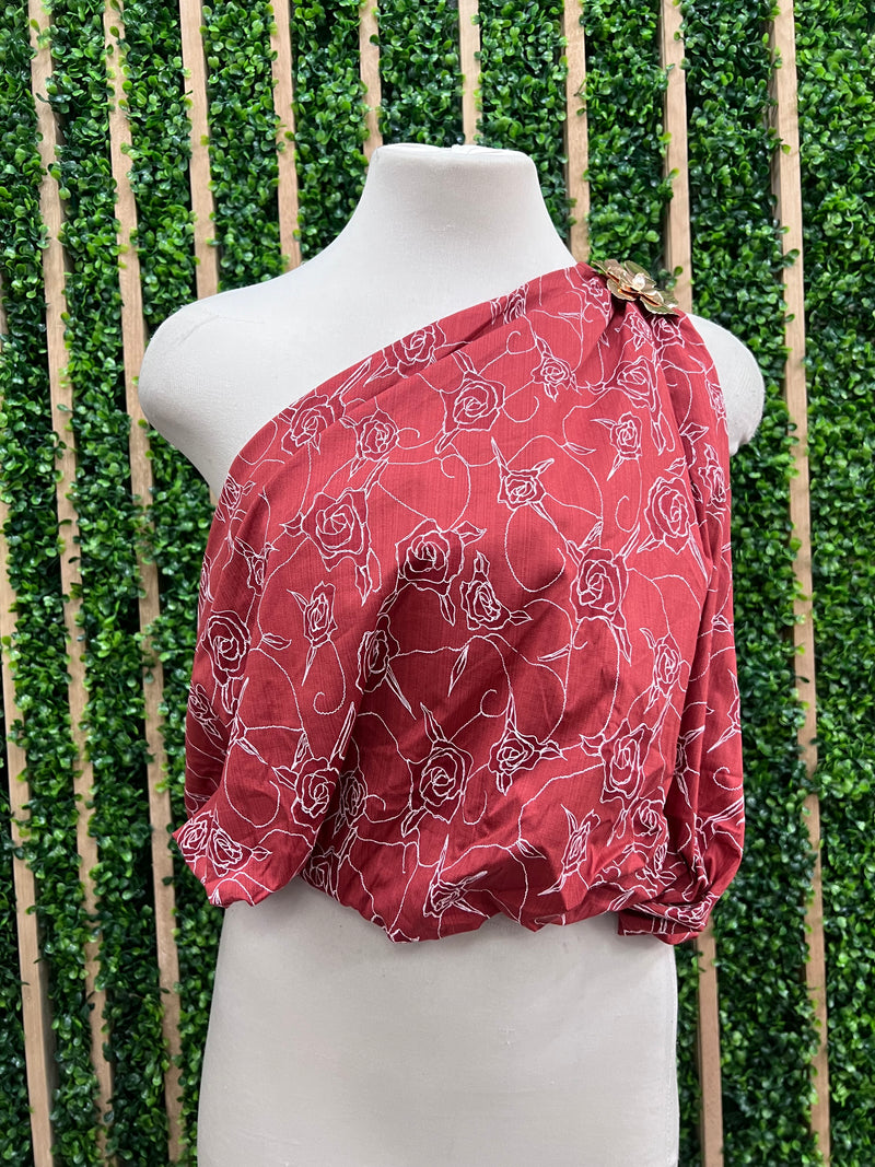 Terracotta Red Gold floral Detail one Shoulder Bubble top