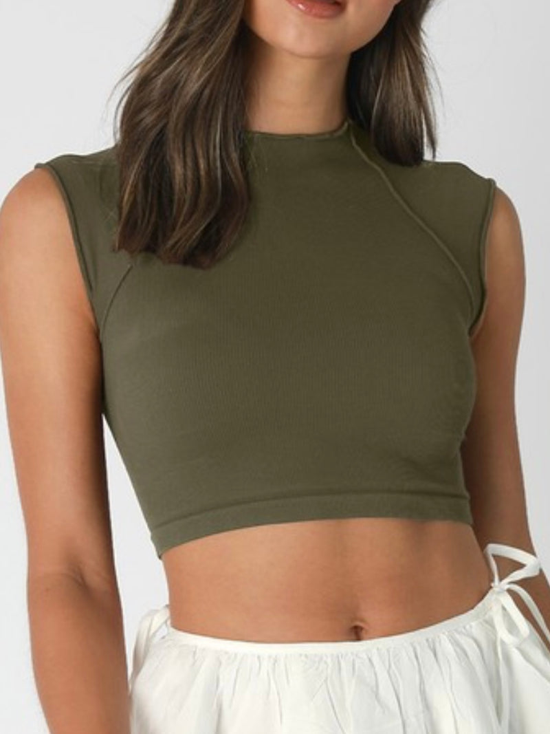 Exposed Seam Cap Sleeve Crop Top