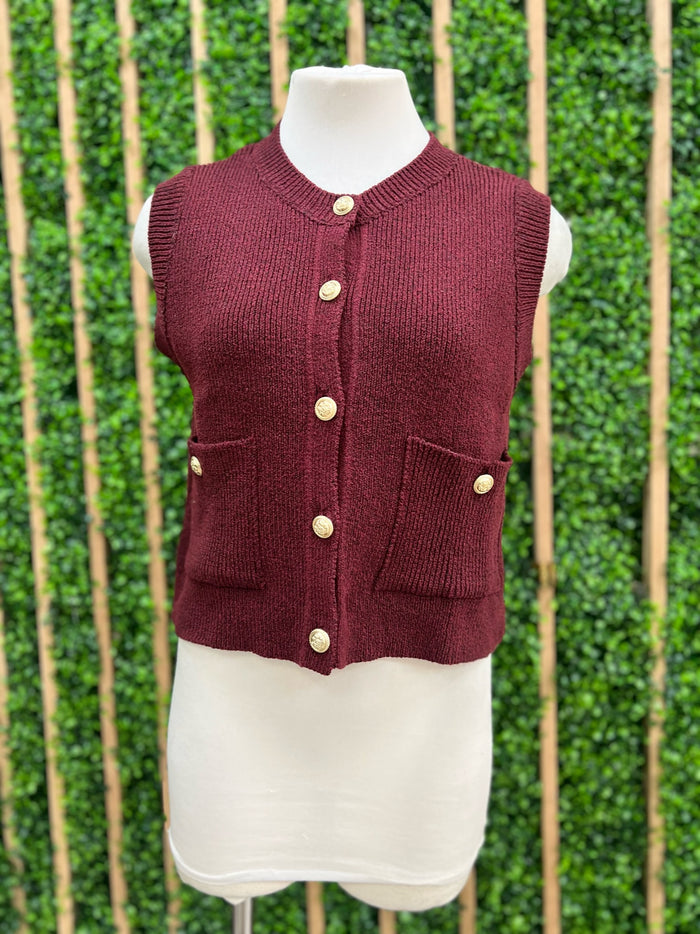 Burgundy Pocket Detail Knit Vest Top