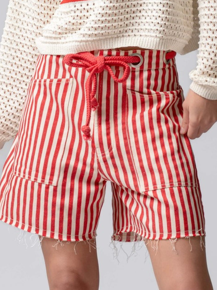Red Striped Frayed Denim Shorts