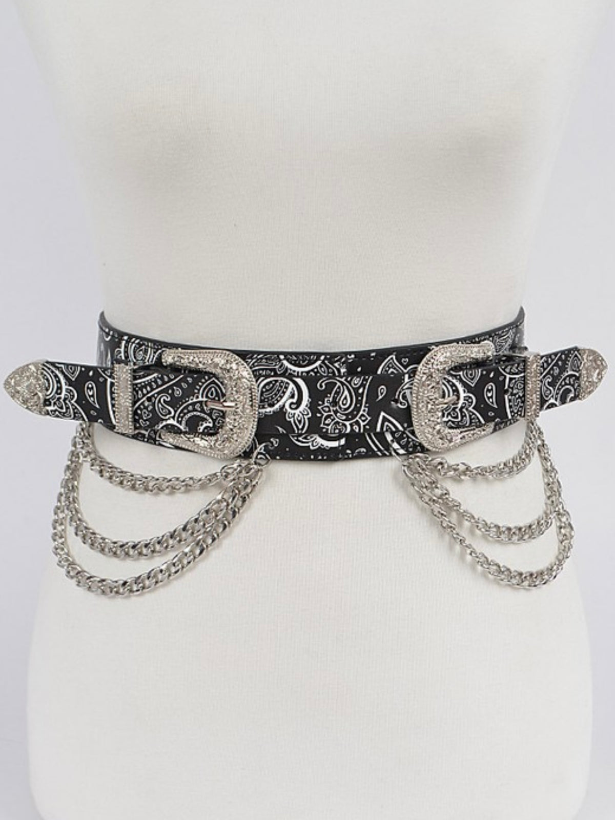 Black Bandana Silver Two Buckle Chain Waist Belt