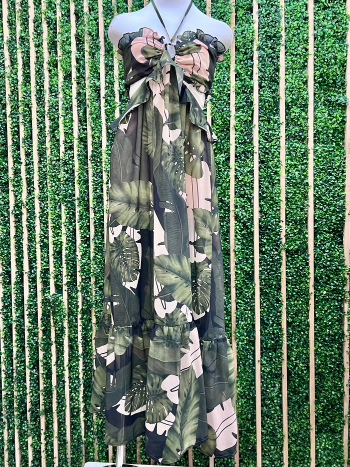 Beautiful Green Black Leaf Cutout Maxi Dress