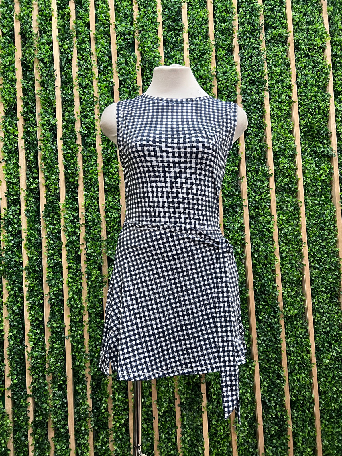 Navy Gingham Tie-Front Active Romper with Skirt Overlay