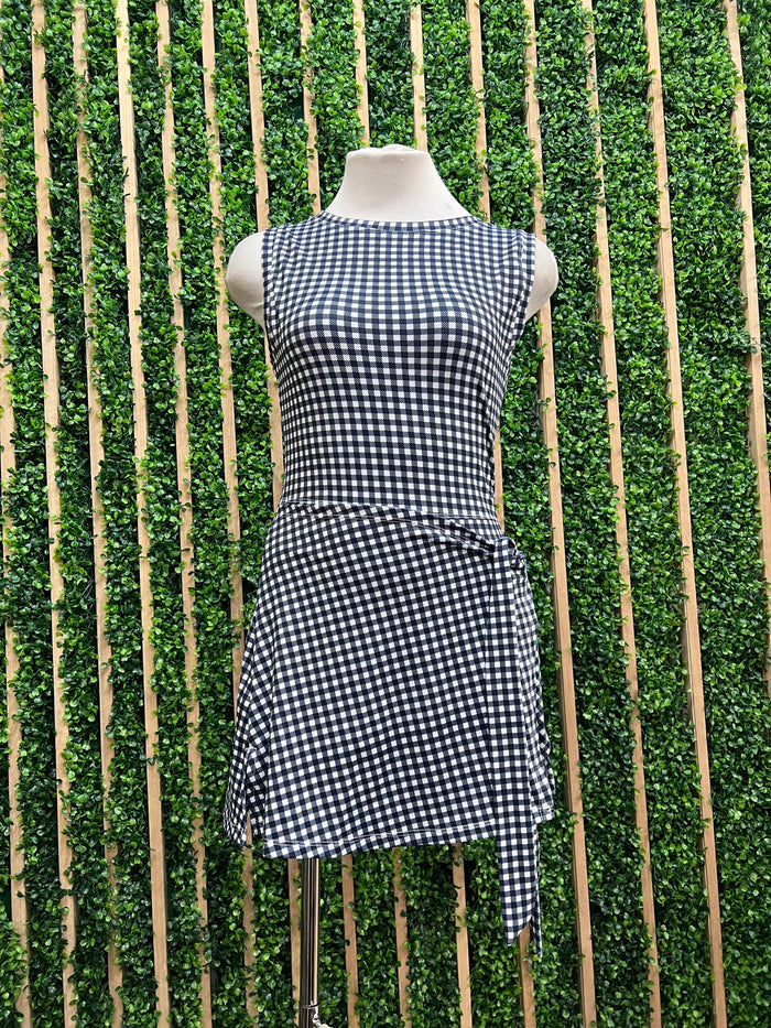Navy Gingham Tie-Front Active Romper with Skirt Overlay