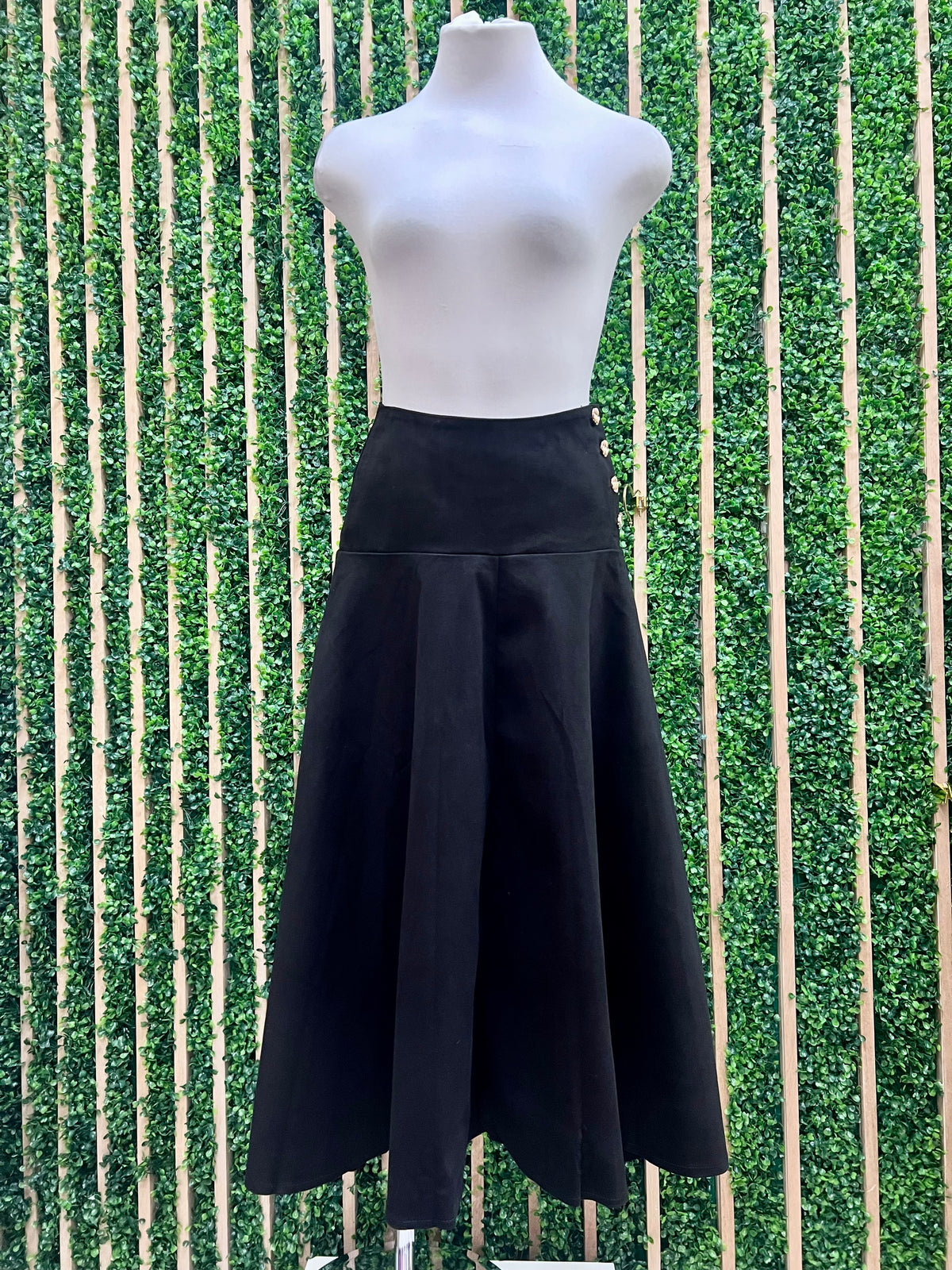 Black Side Button Detail Stretch Twill Hi-low Midi Skirt