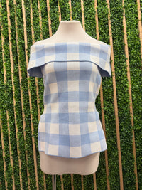 Gingham Plaid Off Shoulder Knit Top With Side Slit