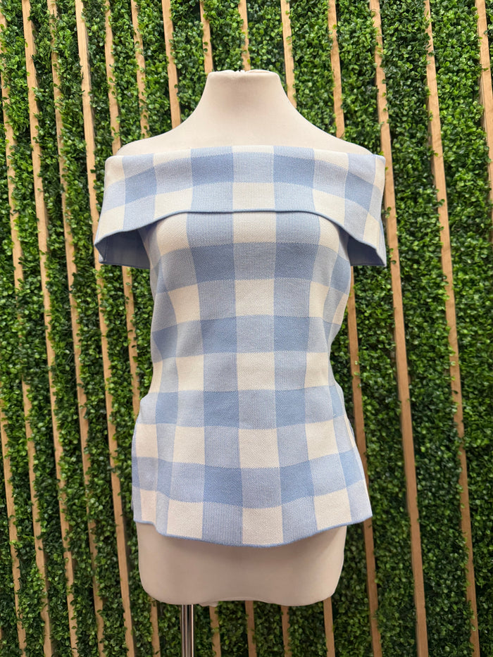 Gingham Plaid Off Shoulder Knit Top With Side Slit