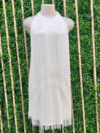 White Halter Fringe Detail HalterShort Dress