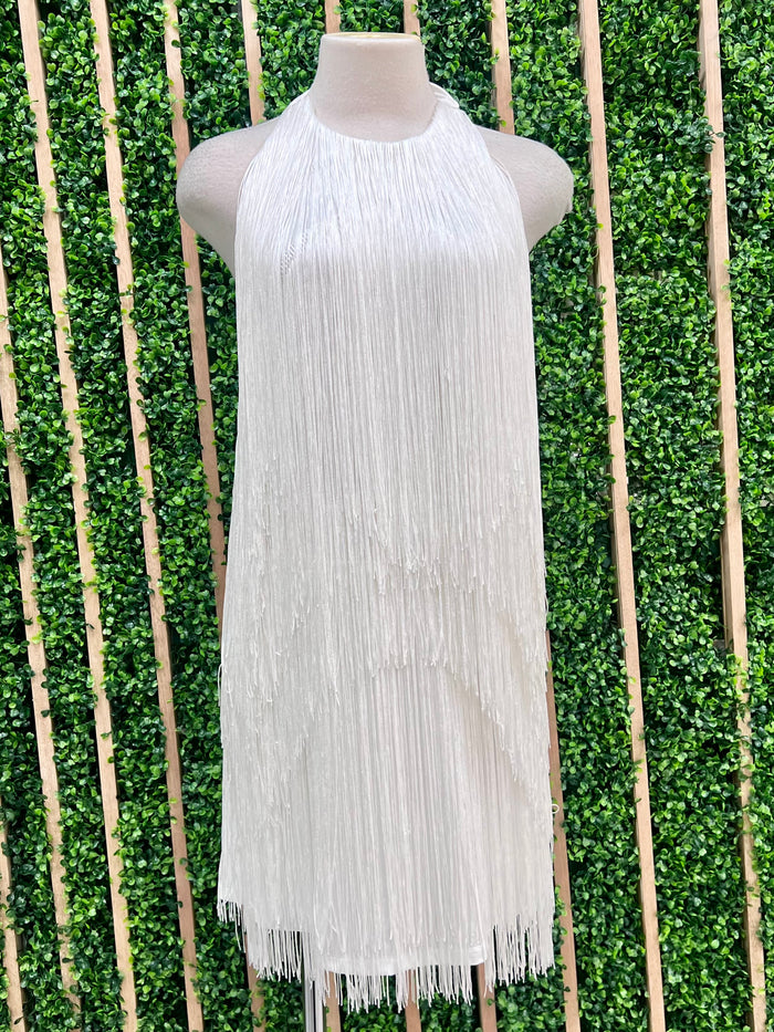 White Halter Fringe Detail HalterShort Dress