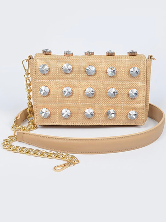 Rhinestone Detail Raffia Clutch