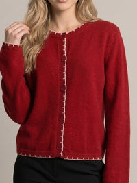 Red Knit Cardigan Sweater with Contrast Stitching