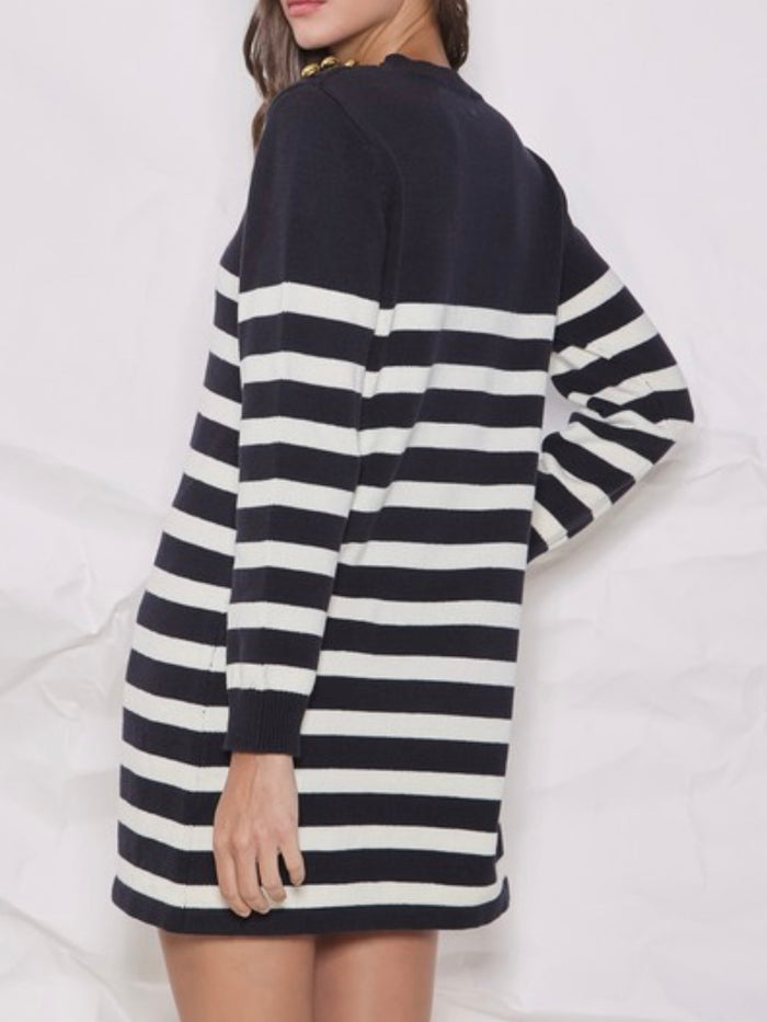 Button Detail Black Ivory Stripe Knit Dress