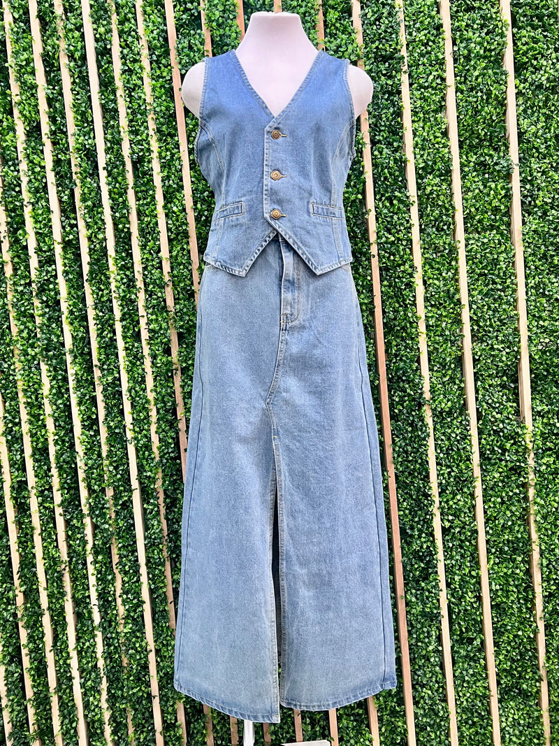 Front Slit Denim Maxi Skirt