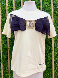 Cream Large Black Bow Embellished Shirt