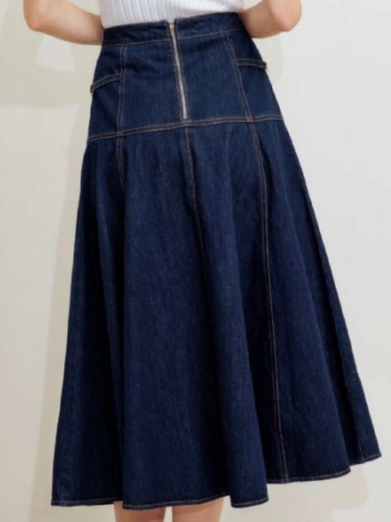 Buckle Detail Fitted Dark Denim Midi Skirt