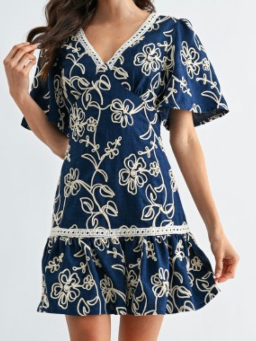 Navy Floral Embroidered Mini Dres