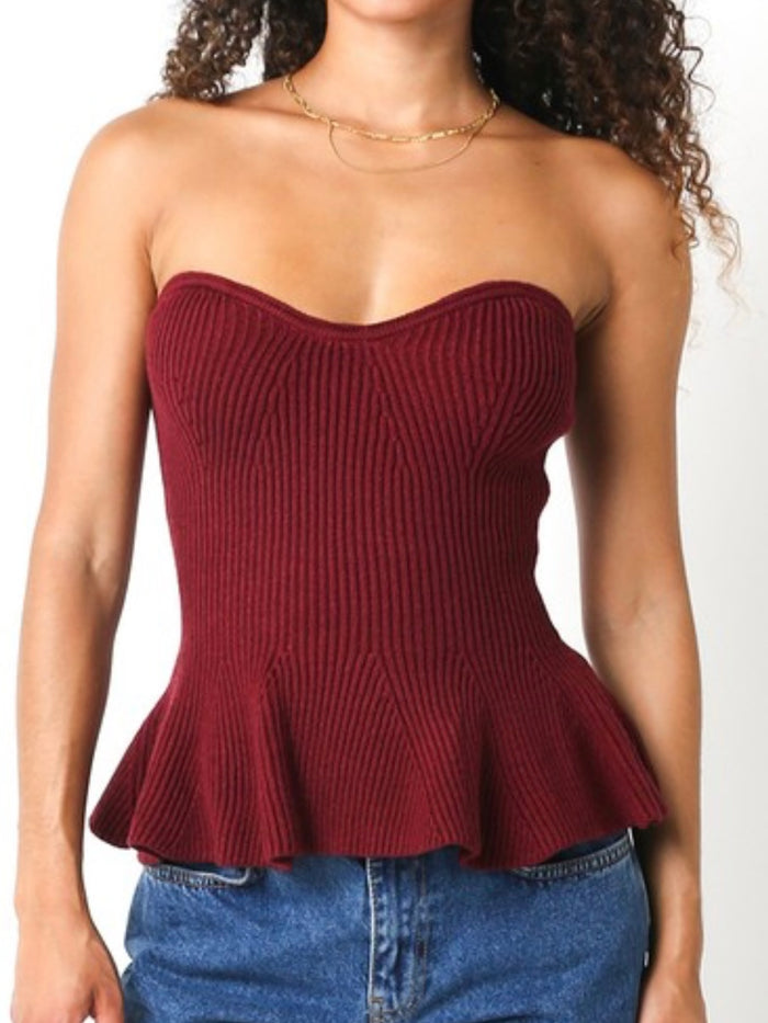 Burgundy Sweeteheart Peplum Strapless Top