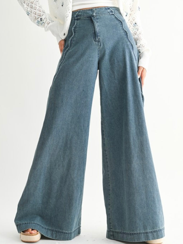 Scalloped Wide Leg Denim Trousers