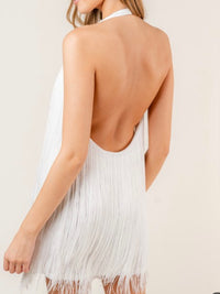 White Halter Fringe Detail HalterShort Dress