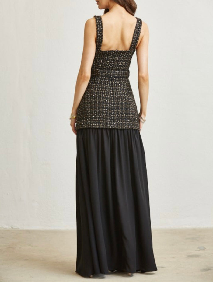 Exquisite Black Sequined Tweed Long Dress