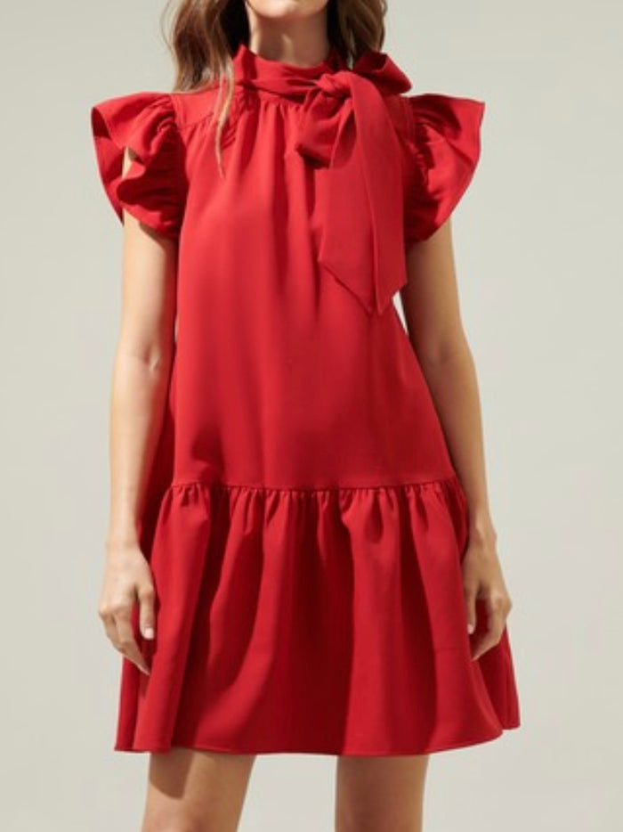 Red Neck Tie Ruffle Short Dress