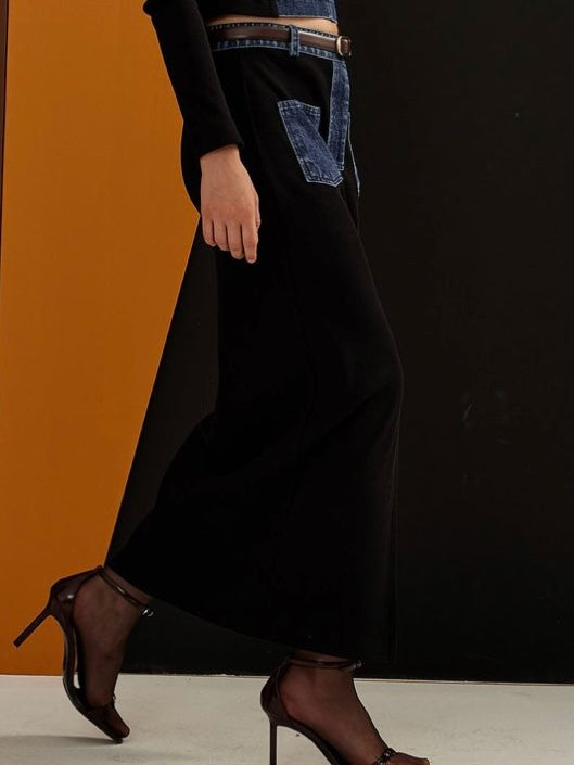 Black Knit Denim Contrast Pocket Pemcil Skirt