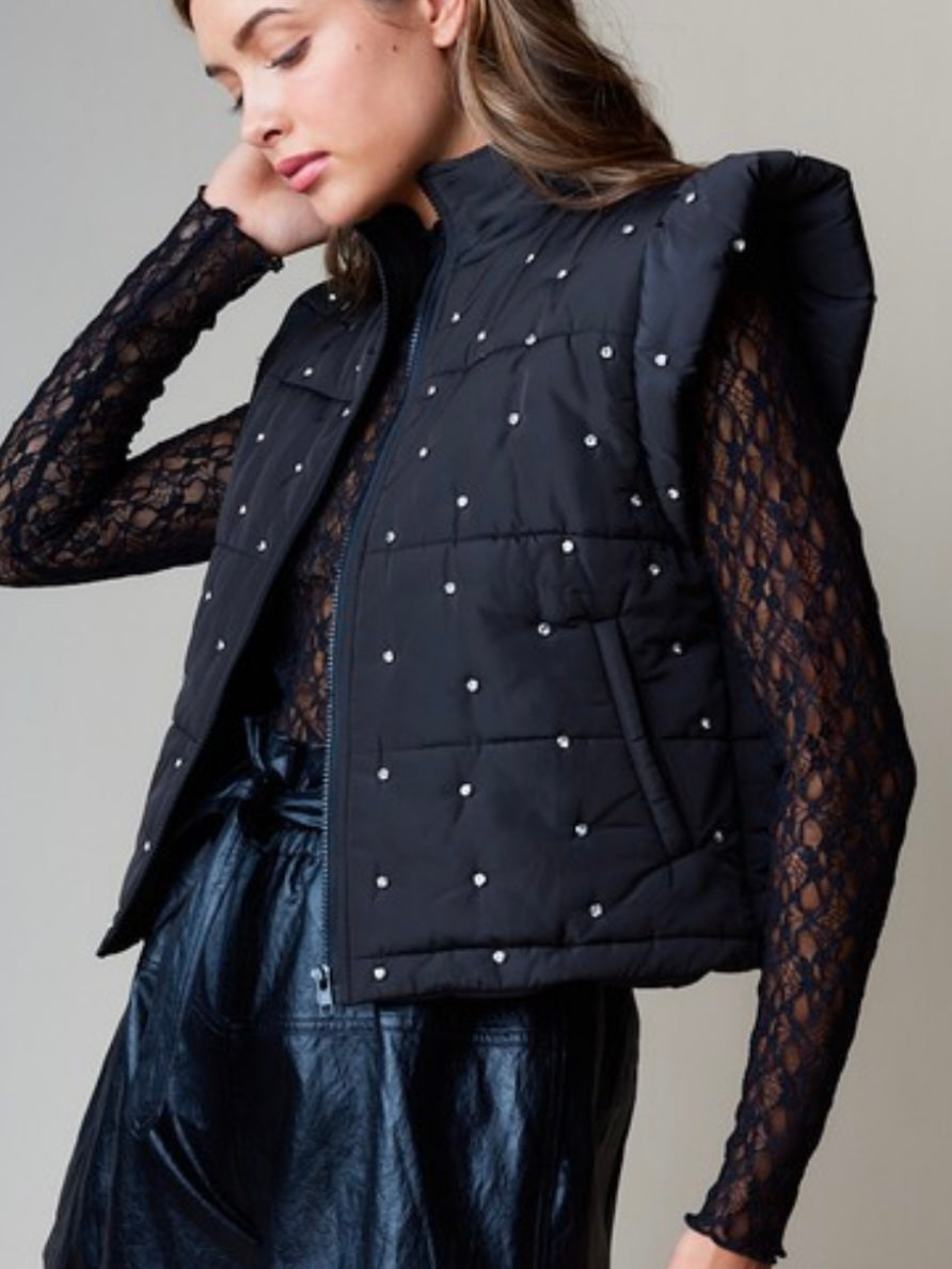 Black Rhinestone Studded Puffer Vest