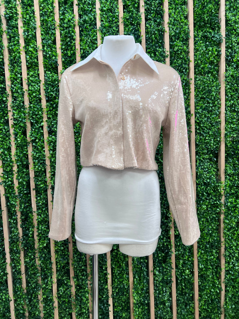 White Collared Sequin Crop Blouse