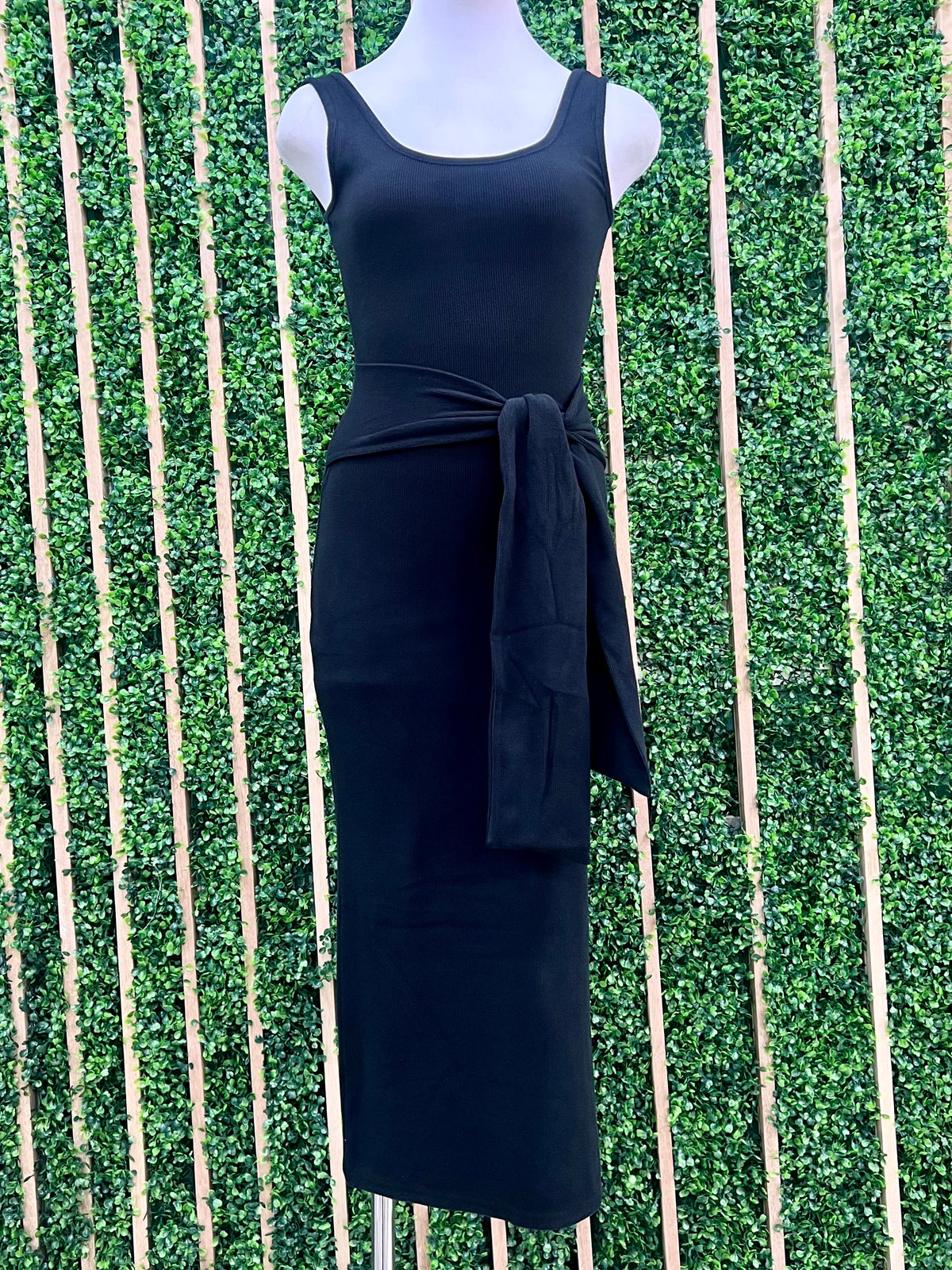 Black Front Tie Knit Tank Midi Dress