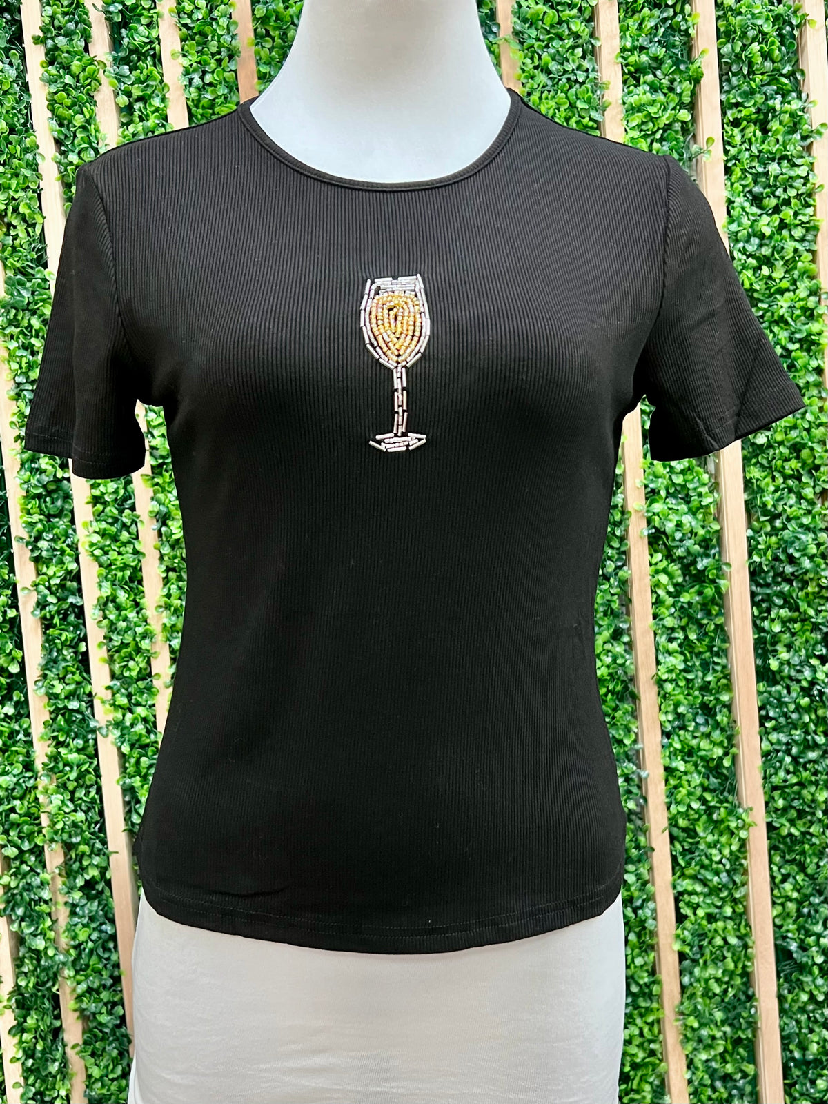 Black Round Neck Champagne Beads Fitted Shirt