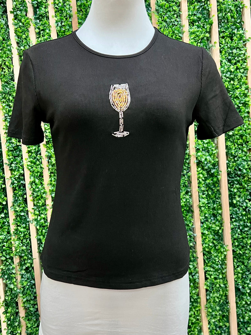 Black Round Neck Champagne Beads Fitted Shirt