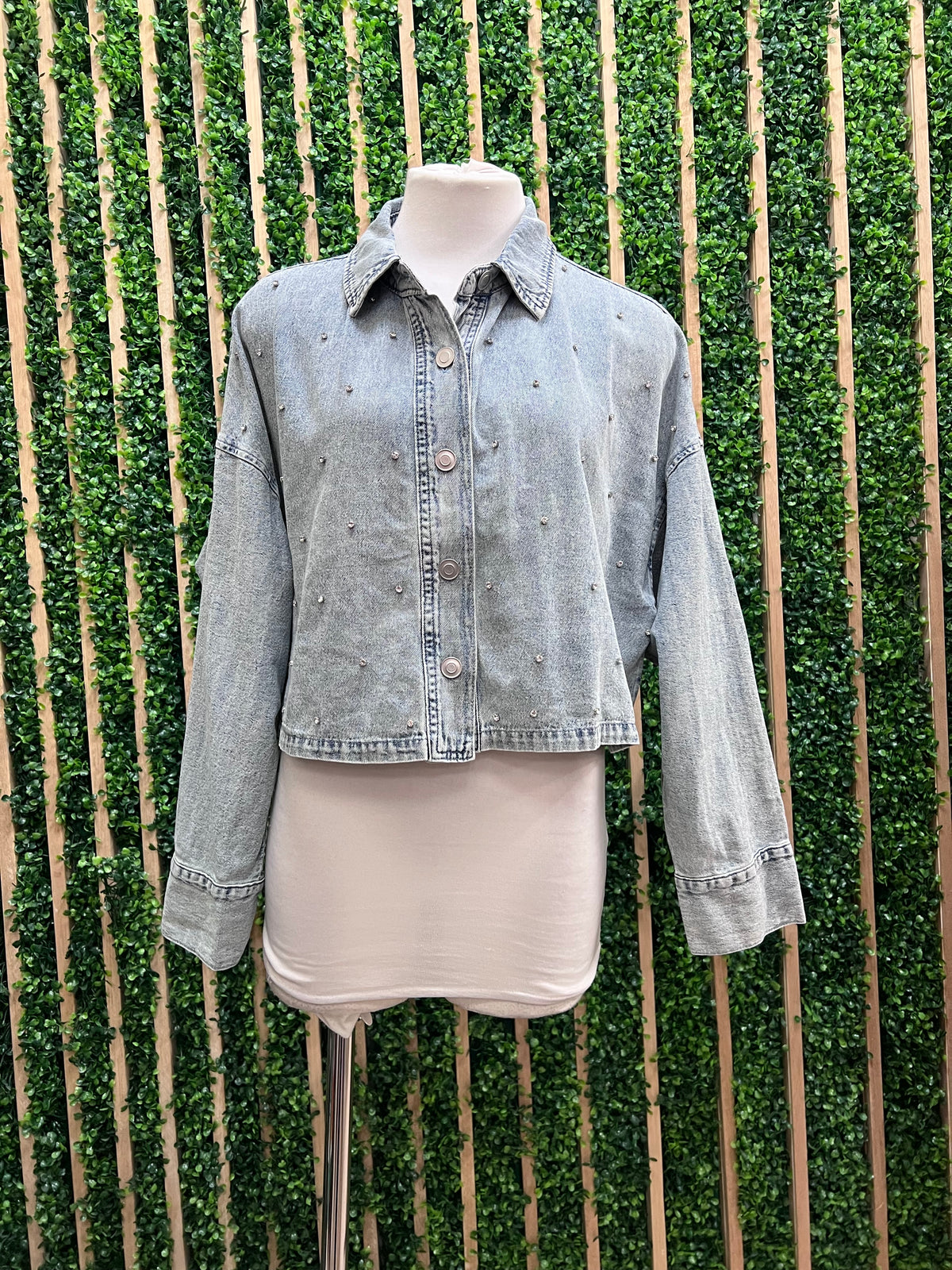 Crystal Studded Cropped Denim Blouse