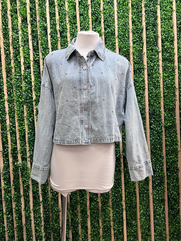 Crystal Studded Cropped Denim Blouse