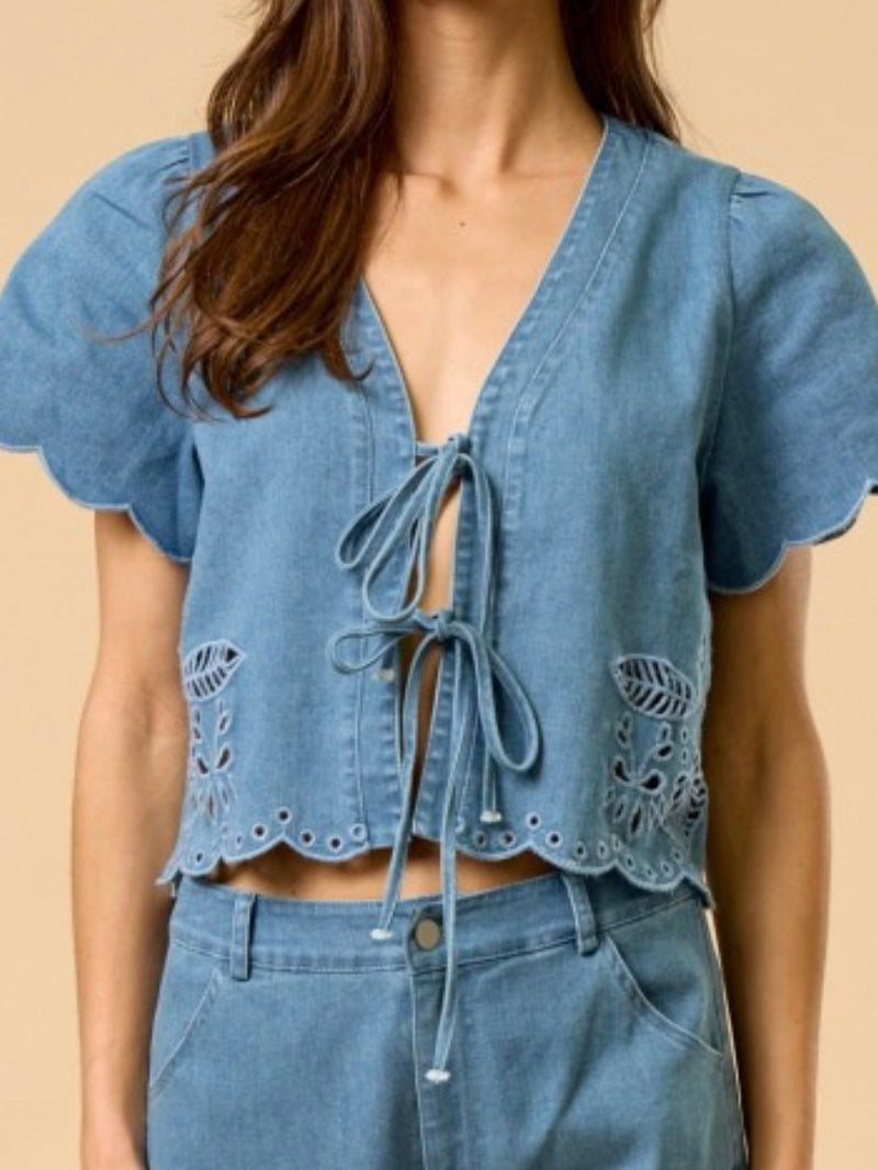 Denim Front Tie Embroidered Short Sleeve Vest