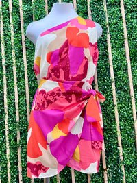 Pretty Abstract Print One Shoulder Wrap Short Dress
