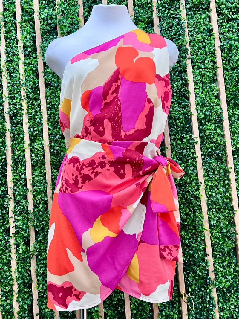 Pretty Abstract Print One Shoulder Wrap Short Dress