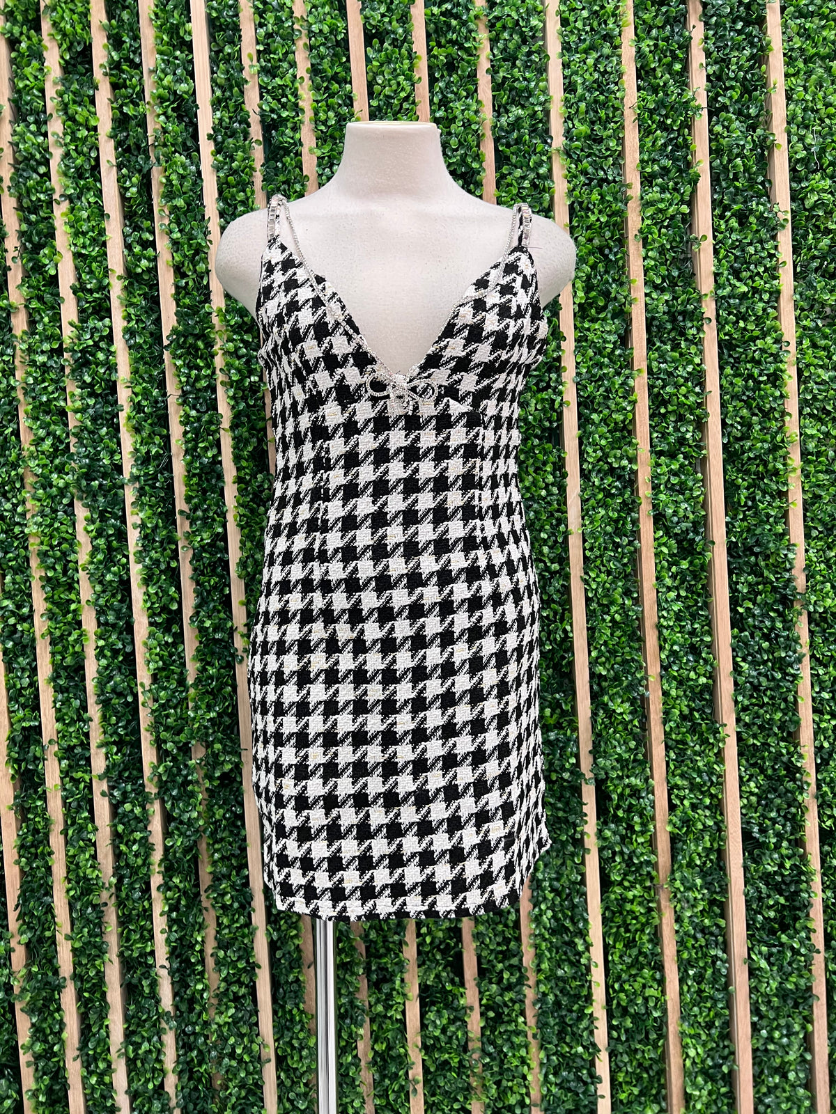 Jewel Trim Houndstooth Tweed Short Dress