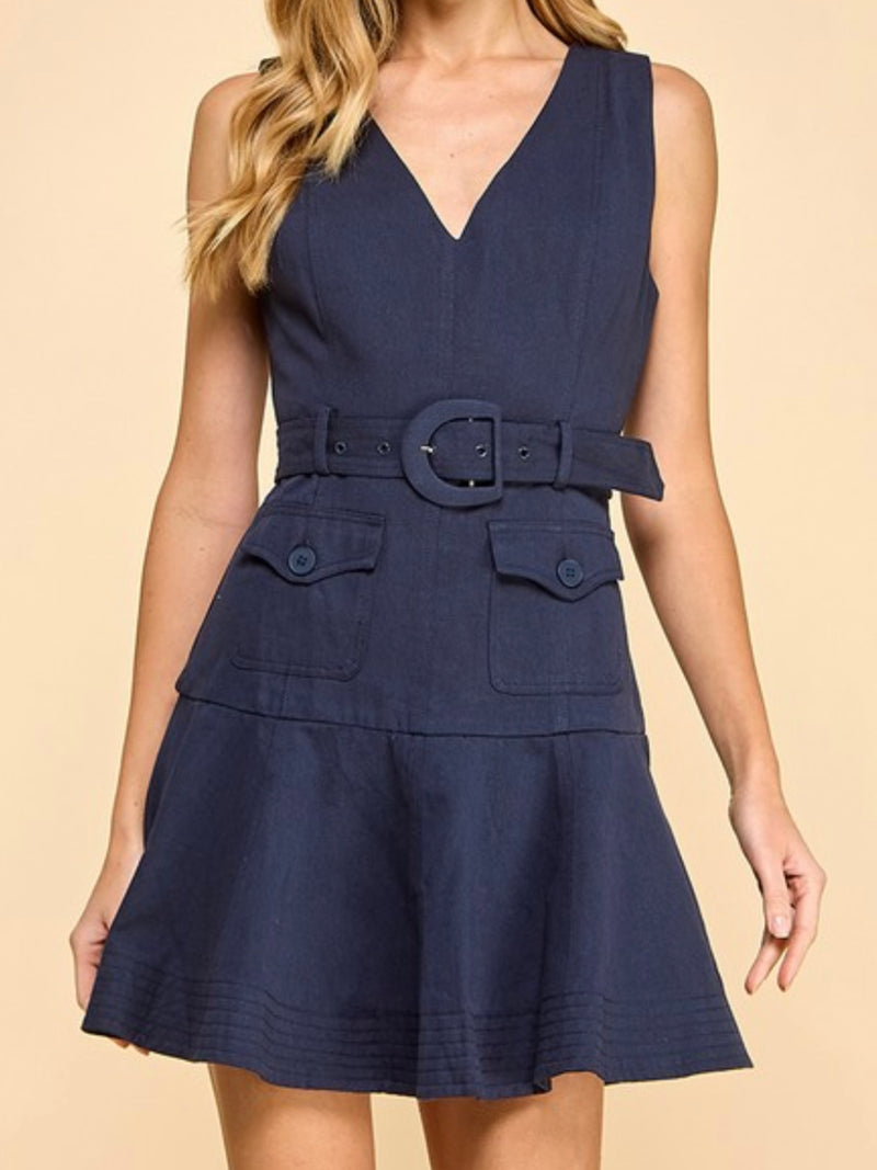 V NEck Belted Ruffle Hem Short Dress
