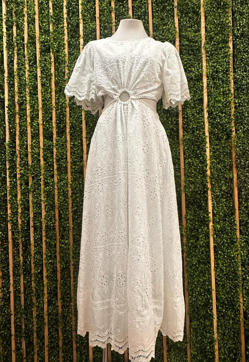 White Circle Lace Cutout Midi Dress