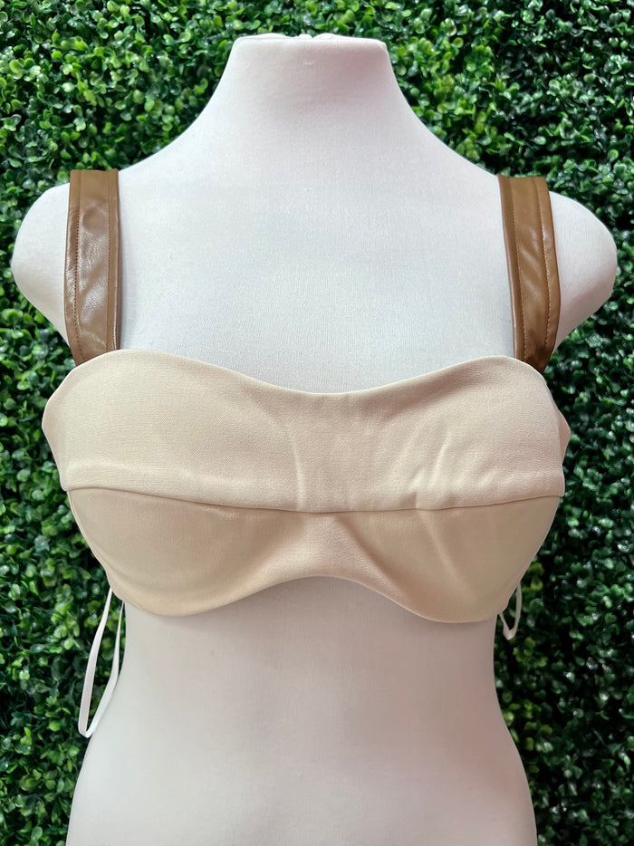 Brown Pleather Trim Detail Crop Top