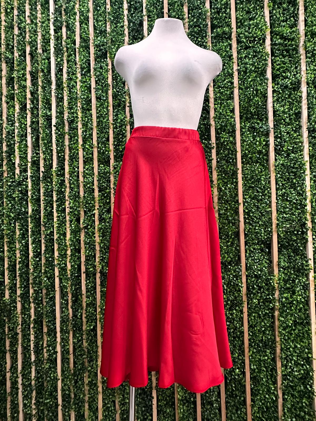 Red Hammered Satin Midi Skirt