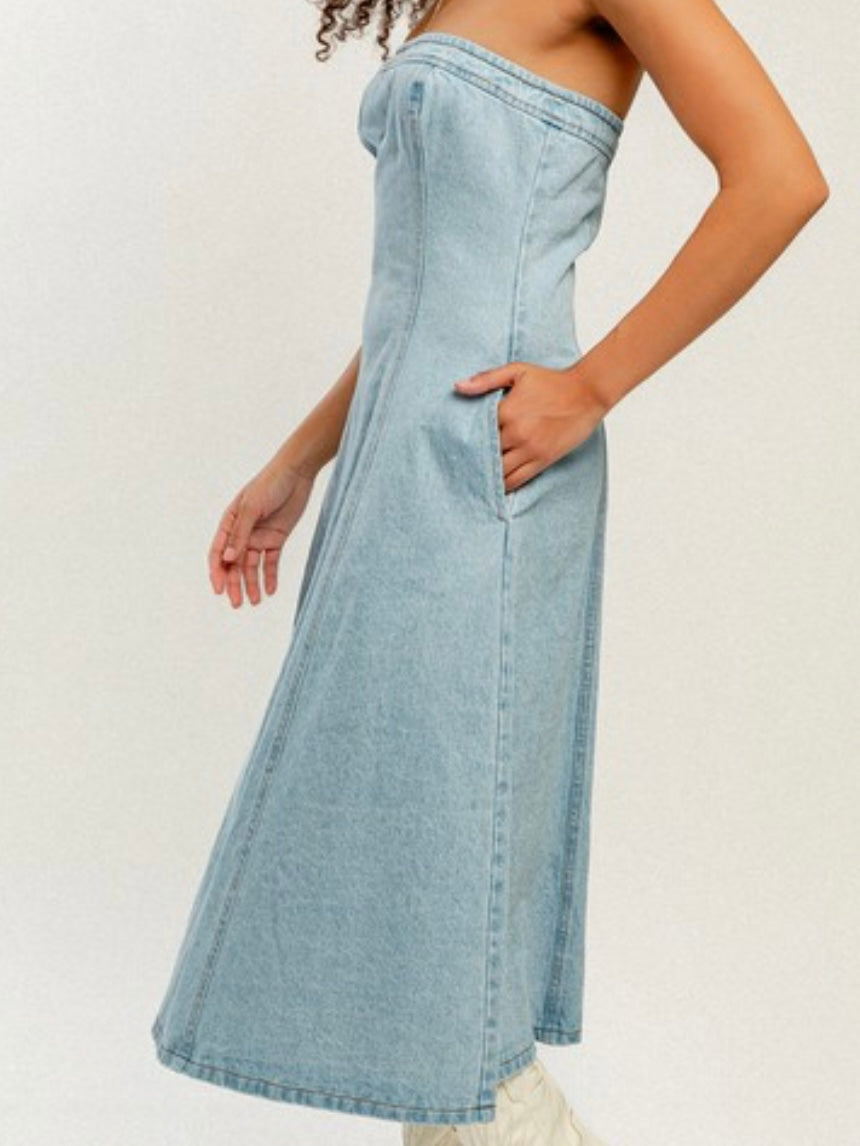 Strapless Denim Midi Dress