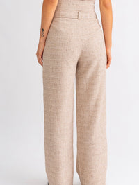Taupe Textured Belted High Waist Pant